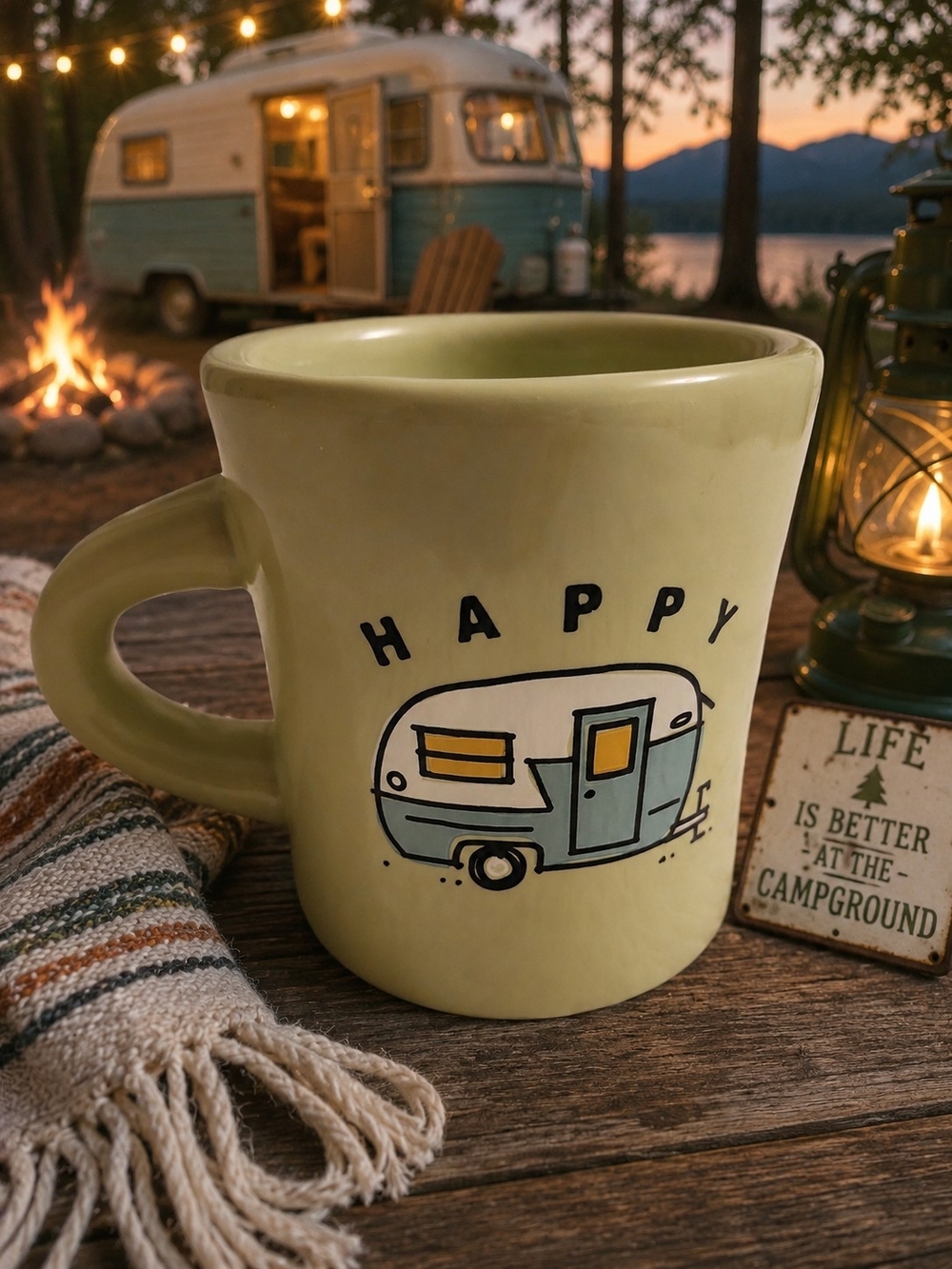 Happy Camper Mug Spring Green Diner 4” Tall Retro Camper Coffee Cup Life Is Good